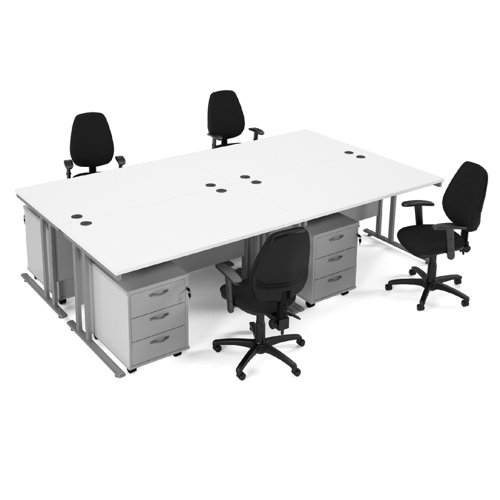 Maestro starter kit for 4 people, comprising of white desk, silver frame, wooden pedestal and Vantage fabric chair with arms in black