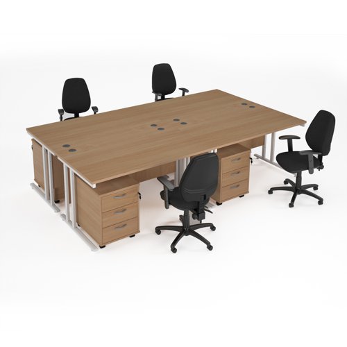 Maestro starter kit for 4 people, comprising of beech desk, white frame , wooden pedestal and Vantage fabric chair with arms in black