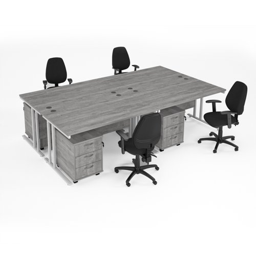 Maestro starter kit for 4 people, comprising of grey oak desk, white frame, wooden pedestal and Vantage fabric chair with arms in black