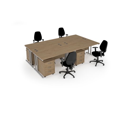 Maestro starter kit for 4 people, comprising of kendal oak desk, white frame, wooden pedestal and Vantage fabric chair with arms in black