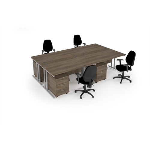 Maestro starter kit for 4 people, comprising of nebraska oak desk, white frame, wooden pedestal and Vantage fabric chair with arms in black