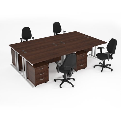 Maestro starter kit for 4 people, comprising of walnut desk, white frame, wooden pedestal and Vantage fabric chair with arms in black