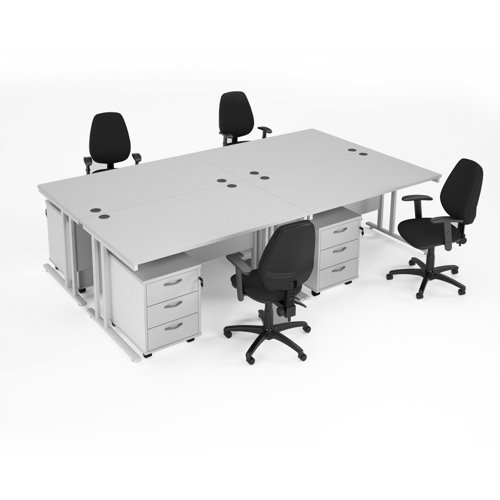 Maestro starter kit for 4 people, comprising of white desk, white frame, wooden pedestal and Vantage fabric chair with arms in black