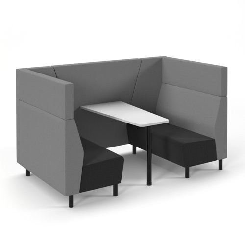 Muse 4 person fabric booth with white table, black legs and upholstered in black seats with grey backs and infill