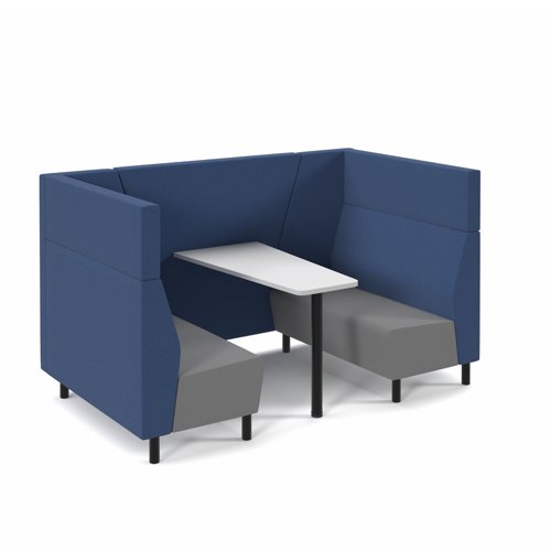 Muse 4 person fabric booth with white table, black legs and upholstered in blue seats with grey backs and infill