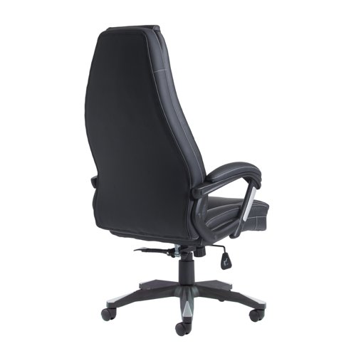 The Noble high back, black faux leather chair family is designed for comfort with a look that would fit any office or conference room. The thick padding is covered in soft and supple faux leather with a white stitching detail that looks great and offers maximum comfort and mobility for the user, with the black padded fixed arms featuring chrome trim to match the black cantilever base.