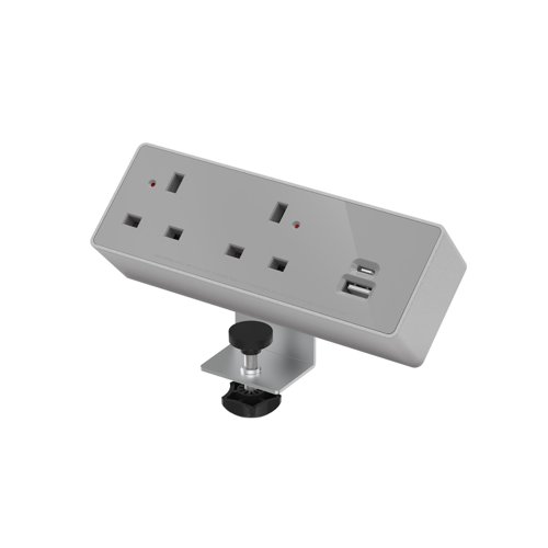 Double Socket 240v with 1x 30W USB-C and 1x 27W USB-A Silver / Grey