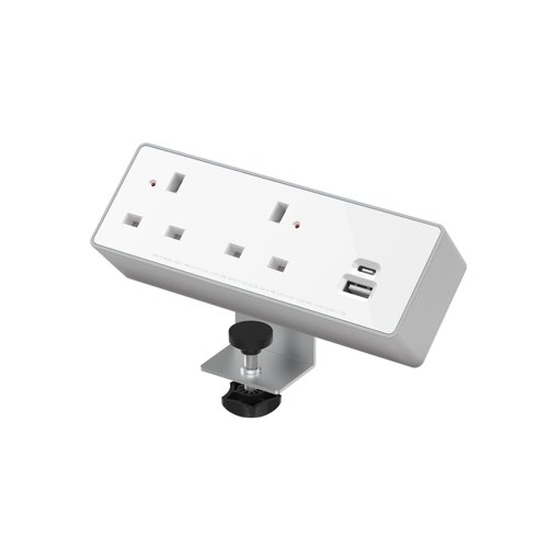 Double Socket 240v with 1x 30W USB-C and 1x 27W USB-A Silver / White