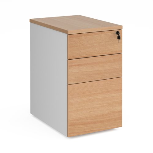 Deluxe desk high 3 drawer pedestal 600mm deep - white with beech drawers