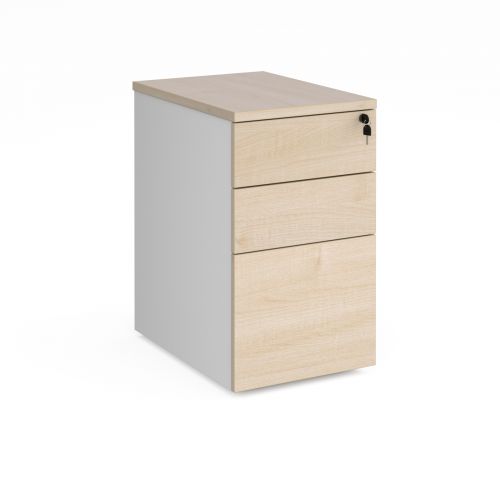 Deluxe desk high 3 drawer pedestal 600mm deep - white with maple drawers