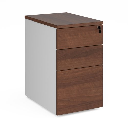 Duo desk high 3 drawer pedestal 600mm deep - white with walnut drawers