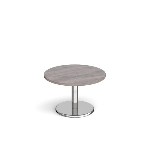 Pisa circular coffee table with round chrome base 800mm - grey oak PCC800-GO Buy online at Office 5Star or contact us Tel 01594 810081 for assistance