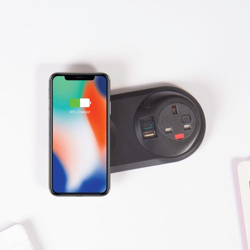 Pixel Arc in-surface power module 1 x UK socket, 1 x TUF (A&C) USB connectors and 10W wireless charger - black