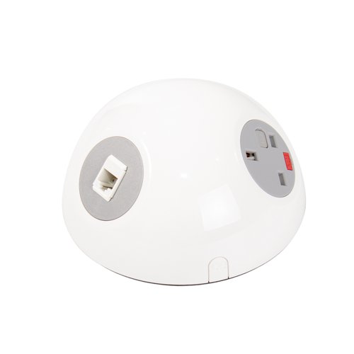 Pluto domed on-surface power module with 1 x UK socket, 1 x TUF (A&C connectors) USB charger, 2 x RJ45 sockets - white | PL-3-WH | Dams International