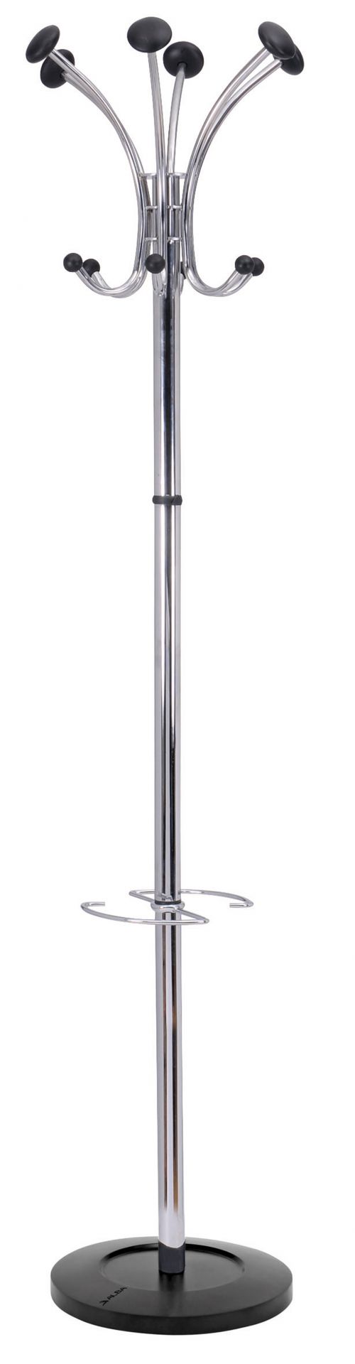 Elegant Chrome Finished Coat Stand 5 Coat Pegs Hooks & 3 Accessory Pegs 1820mm Height