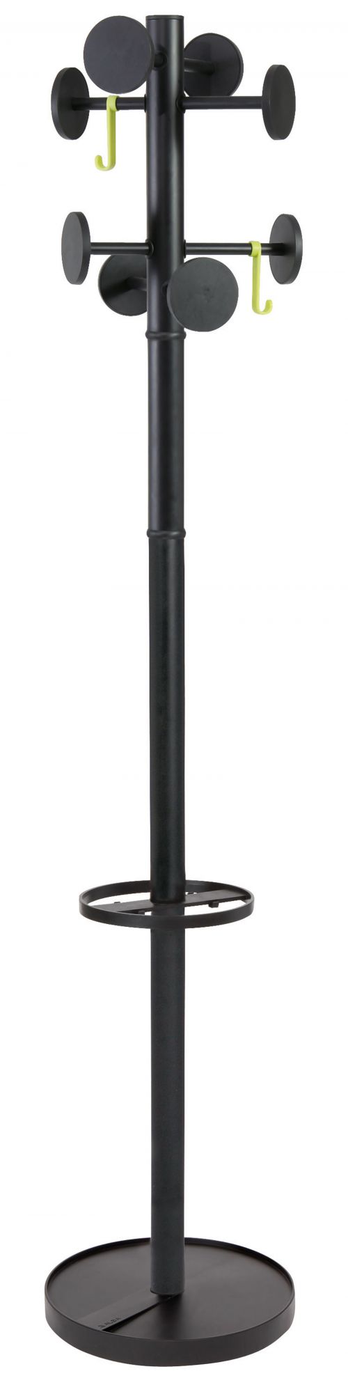 11185AL | The perfect coat stand to furnish your workspace, your lobby or your reception rooms.Stylish black coat stand with great capacity thanks to 8 rounded plastic coat pegs, an umbrella holder, two removable hooks for accessories.