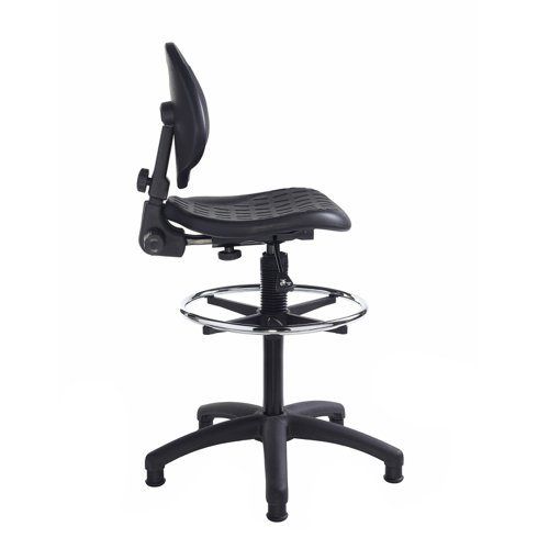 The Prema industrial operator chair is a great entry level laboratory and workplace chair. Featuring a strong polyurethane back with contoured support and a seat which is ideal for easy cleaning. 30mm glides, chrome plated foot ring and extended gas lift.