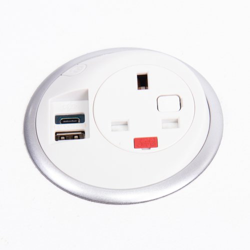 Pixel in-surface power module 1 x UK socket and 1 x TUF (A&C connectors) USB charger - white