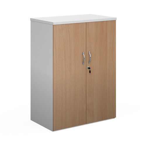 Duo double door cupboard 1090mm high with 2 shelves - white with beech doors Cupboards R1090DD-WHB