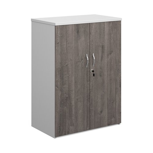 R1090DD-WHGO Duo double door cupboard 1090mm high with 2 shelves - white with grey oak doors