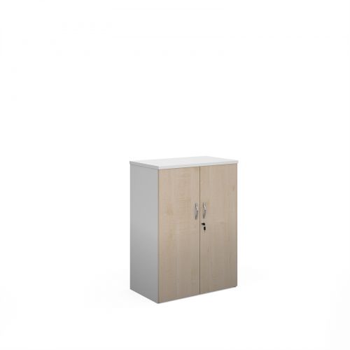 Duo double door cupboard 1090mm high with 2 shelves - white with maple doors