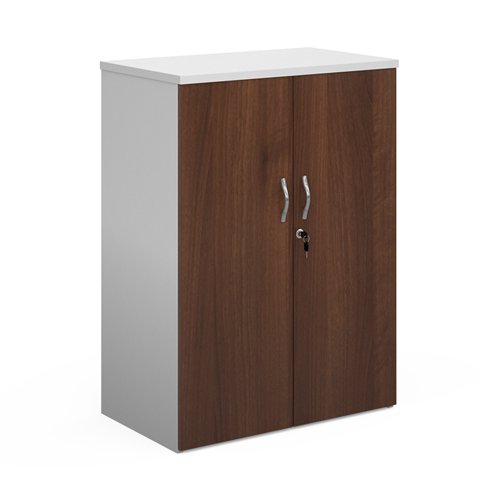 R1090DD-WHW Duo double door cupboard 1090mm high with 2 shelves - white with walnut doors