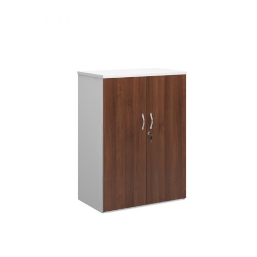 Universal double door cupboard 1090mm high with 2 shelves - white with walnut doors