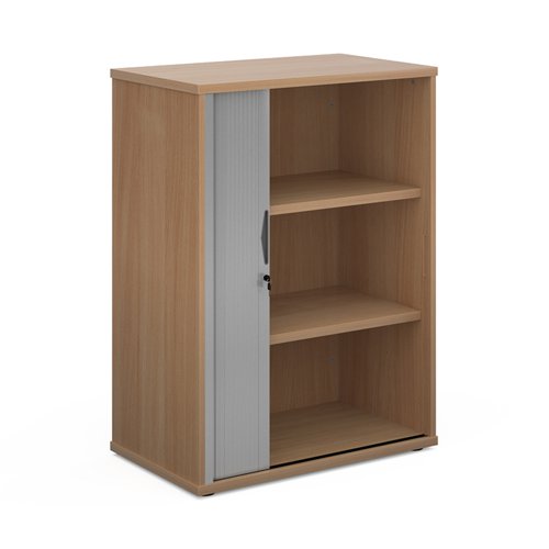 Universal single door tambour cupboard 1090mm high with 2 shelves - beech with silver door R1090TCB Buy online at Office 5Star or contact us Tel 01594 810081 for assistance