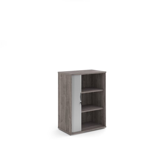 Universal single door tambour cupboard 1090mm high with 2 shelves - Grey Oak with silver door