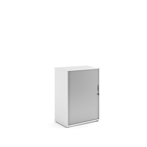 Universal single door tambour cupboard 1090mm high with 2 shelves - Kendal Oak with silver door