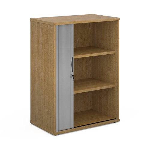 Universal single door tambour cupboard 1090mm high with 2 shelves - oak with silver door Cupboards R1090TCO