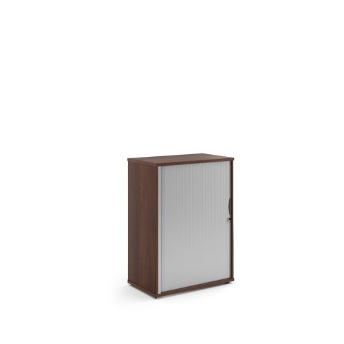 Universal single door tambour cupboard 1090mm high with 2 shelves - Walnut with silver door
