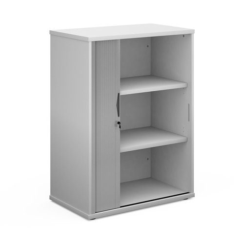 Universal single door tambour cupboard 1090mm high with 2 shelves - white with silver door