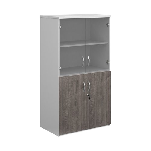 Duo combination unit with glass upper doors 1440mm high with 3 shelves - white with grey oak lower doors