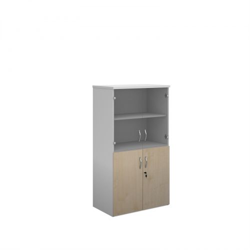Duo combination unit with glass upper doors 1440mm high with 3 shelves - white with maple lower doors