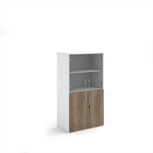 Duo combination unit with glass upper doors 1440mm high with 3 shelves - White/Nebraska Oak