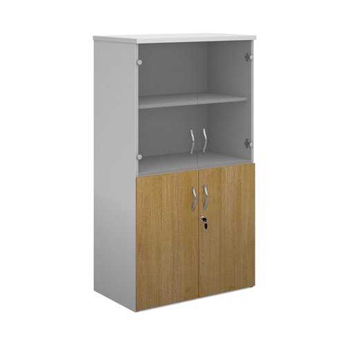 Duo combination unit with glass upper doors 1440mm high with 3 shelves - white with oak lower doors R1440COMD-WHO Buy online at Office 5Star or contact us Tel 01594 810081 for assistance