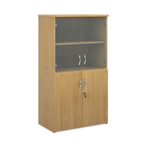 Universal combination unit with glass upper doors 1440mm high with 3 shelves - oak
