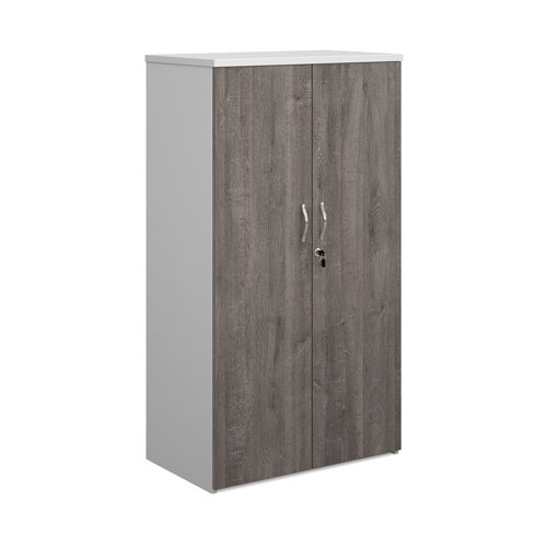 Duo double door cupboard 1440mm high with 3 shelves - white with grey oak doors