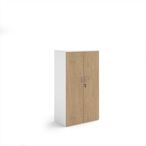 Duo double door cupboard 1440mm high with 3 shelves - white with kendal oak doors