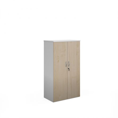 Duo double door cupboard 1440mm high with 3 shelves - white with maple doors
