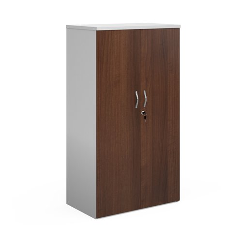 Duo Double Door Cupboard 1440mm High With 3 Shelves White With Walnut Doors