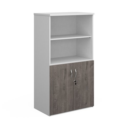 Duo combination unit with open top 1440mm high with 3 shelves - white with grey oak lower doors Bookcases With Storage R1440OPD-WHGO