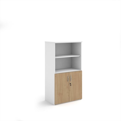 Duo combination unit with open top 1440mm high with 3 shelves - white with kendal oak lower doors