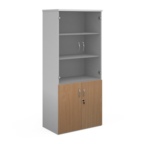 Duo Combination Unit With Glass Upper Doors 1790mm High With 4 Shelves White With Grey Oak Lower Doors