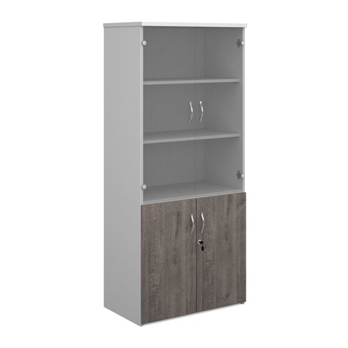 Duo combination unit with glass upper doors 1790mm high with 4 shelves - white with grey oak lower doors