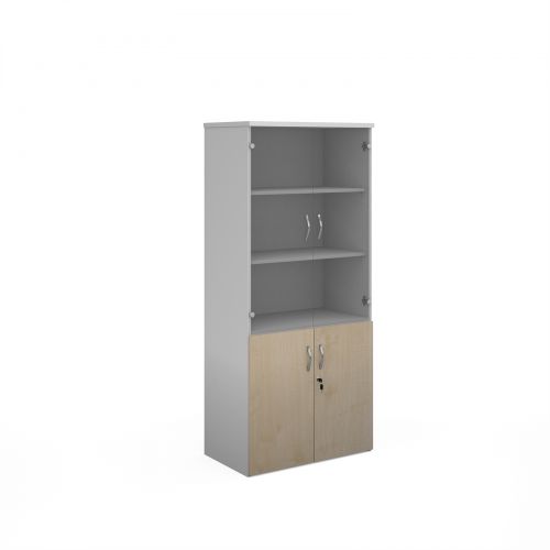 Duo combination unit with glass upper doors 1790mm high with 4 shelves - white with maple lower doors