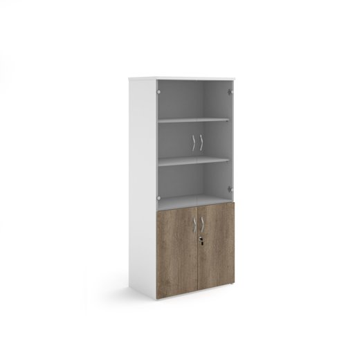 Duo combination unit with glass upper doors 1790mm high with 3 shelves - White/Nebraska Oak