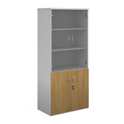 Duo combination unit with glass upper doors 1790mm high with 4 shelves - white with oak lower doors