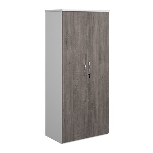 Duo double door cupboard 1790mm high with 4 shelves - white with grey oak doors R1790DD-WHGO Buy online at Office 5Star or contact us Tel 01594 810081 for assistance